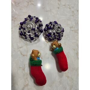 4 Christmas Tree Ornaments 2 Bears in Stockings 2 2 Purple and Silver Dangling